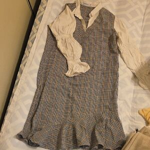 Plaid Ruffle Hem Dress with White Sleeves